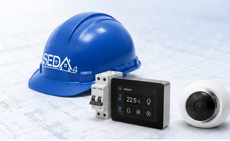 Casque de chantier, équipements électriques, écran domotique et caméra